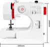 A white sewing machine with red accents is shown from the front. Produktbild-Vorschau