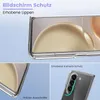 Collage of images showing a transparent phone case for a Samsung Galaxy Z Fold 5, highlighting its screen and camera protection features. Produktbild-Vorschau