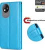 A product image showcasing a blue flip phone case with various marketing elements. Produktbild-Vorschau