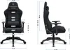Two views of a black gaming chair with dimensions indicated by text and lines. Produktbild-Vorschau