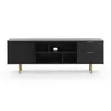 A black TV stand with gold legs against a white background. Produktbild-Vorschau