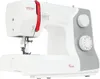 A white and gray sewing machine with red accents, shown from a side-angle. Produktbild-Vorschau
