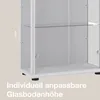 Close-up of a glass display cabinet with text overlay indicating adjustable shelf height. Náhled obrázku produktu
