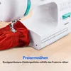 A close-up shot of a sewing machine with red fabric being sewn, with text overlays describing its features. Produktbild-Vorschau