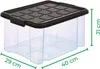 A clear, studio shot of a transparent storage box with a black lid, showing its dimensions. Anteprima dell’immagine prodotto