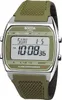 A digital watch with a green strap and a silver-tone case, displayed against a white background. Produktbild-Vorschau