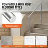 A marketing image showing a metal handrail on stairs, with examples of different flooring types it is compatible with. Podgląd zdjęcia produktu