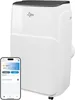 A portable air conditioner unit is shown with a smartphone displaying its control app. Produktbild-Vorschau