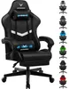 A black gaming chair with a footrest, shown with several other gaming chairs in different colors on the right side of the image. Produktbild-Vorschau