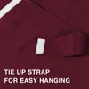 A close-up of a burgundy fabric with a white tie-up strap and text overlay. Produktbild-Vorschau