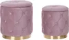 Two pink velvet poufs with gold bases are shown against a white background.