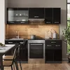 A modern black kitchen unit with a wooden backsplash, featuring cabinets, a sink, a faucet, and a stove. Produktbild-Vorschau