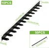A black metal garden edging strip with multiple hooks, shown with measurement indicators and packaging information. Produktbild-Vorschau