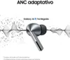 A close-up of a silver wireless earbud with sound waves depicted around it, suggesting noise cancellation technology. Produktbild-Vorschau