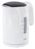 A white electric kettle with a black lid and a water level indicator is shown against a white background. Produktbild-Vorschau