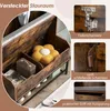 A collage of images showing details of a wooden storage bench with a seat cushion, including its hinges, interior compartments, and a handle detail. Podgląd zdjęcia produktu