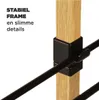 A close-up view of a clothing rack's wooden frame and black metal bars, with text overlay highlighting features. Voir les images du produit