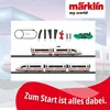 A layout of a Märklin model train starter set, including track pieces, a remote control, batteries, scenery elements, and two different configurations of the ICE 3 train. Produktbild-Vorschau
