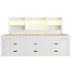 A white bed frame with a headboard containing shelves and LED lighting. Produktbild-Vorschau