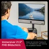 A man is using a rowing machine with a large screen displaying a scenic view. Produktbild-Vorschau