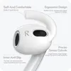 Close-up marketing image of white silicone earbud covers for Apple AirPods 3, highlighting features with text labels. Produktbild-Vorschau