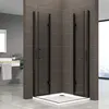 A modern bathroom corner with a black framed shower enclosure and a white shower tray. Produktbild-Vorschau