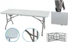 A collage showing a white folding table, a person carrying a folded table, and close-ups of the table's construction and folded state. Podgląd zdjęcia produktu