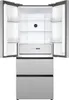 An open refrigerator with its doors pulled wide, revealing the interior shelves and drawers. The exterior is a sleek, modern stainless steel design. Produktbild-Vorschau
