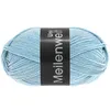 A ball of light blue yarn with a black label wrapped around it. Produktbild-Vorschau