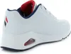 A side view of a white Skechers Uno sneaker with red and blue accents. Voir les images du produit