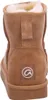The back view of a brown suede boot with white fur lining. Voir les images du produit