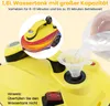 A close-up view of a yellow steam cleaner, with a hand pouring water into it through a funnel. Text overlays describe its features. Produktbild-Vorschau