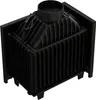 A black metal fireplace insert with a chimney flue on top, shown from a diagonal angle against a white background. Produktbild-Vorschau