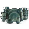 A collection of green and blue ceramic dishes, including plates, bowls, and mugs, arranged in stacks and groups. Náhled obrázku produktu