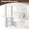 A diagram showing the dimensions of a white cabinet with shelves and a door, with a background of a blurred interior scene. Produktbild-Vorschau
