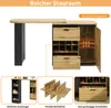 A product image showcasing a bar table with storage features, including drawers, shelves, and a wine rack. It is presented with callouts highlighting specific features. Produktbild-Vorschau