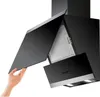 A hand is shown opening the filter compartment of a black range hood. Produktbild-Vorschau