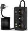A black power strip with multiple outlets and USB ports, connected to a coiled black power cord and plug. Anteprima dell’immagine prodotto