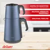 A blue electric Turkish tea maker is shown against a lightly blurred kitchen background, with red overlays detailing its features. Produktbild-Vorschau
