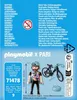 A Playmobil figure with a bicycle and helmet, set against a light blue background with various text warnings and product information. Anteprima dell’immagine prodotto