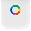 A white desk lamp with a colorful ring light and a power button symbol. Produktbild-Vorschau