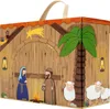A nativity scene depicted on a box with a handle, featuring cartoon-style figures and animals. Produktbild-Vorschau