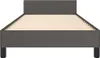 A front view of a gray bed frame with a headboard and wooden slats for a mattress, set against a white background. Náhled obrázku produktu