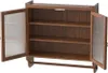 A wooden cabinet with glass doors and shelves, with a towel bar underneath. Produktbild-Vorschau
