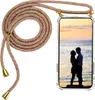 A phone case with a lanyard is shown against a white background. The phone screen displays a couple on a beach at sunset. Produktbild-Vorschau