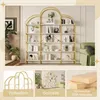 A collage of images showcasing a modern gold and white bookshelf, its design features, and material. Produktbild-Vorschau