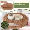 A cat is resting on a brown cat tree bed, with informational text overlays and a close-up of the fabric texture. Náhľad obrázku produktu