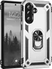 A silver and black rugged phone case with a built-in ring holder is shown next to a smartphone displaying a lock screen. Produktbild-Vorschau