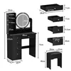 A black vanity table with a lighted mirror and stool, with various dimensions indicated by measurement lines and text. Produktbild-Vorschau