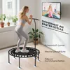 A woman is exercising on a mini trampoline in a living room, with a TV screen showing a fitness class. Produktbild-Vorschau